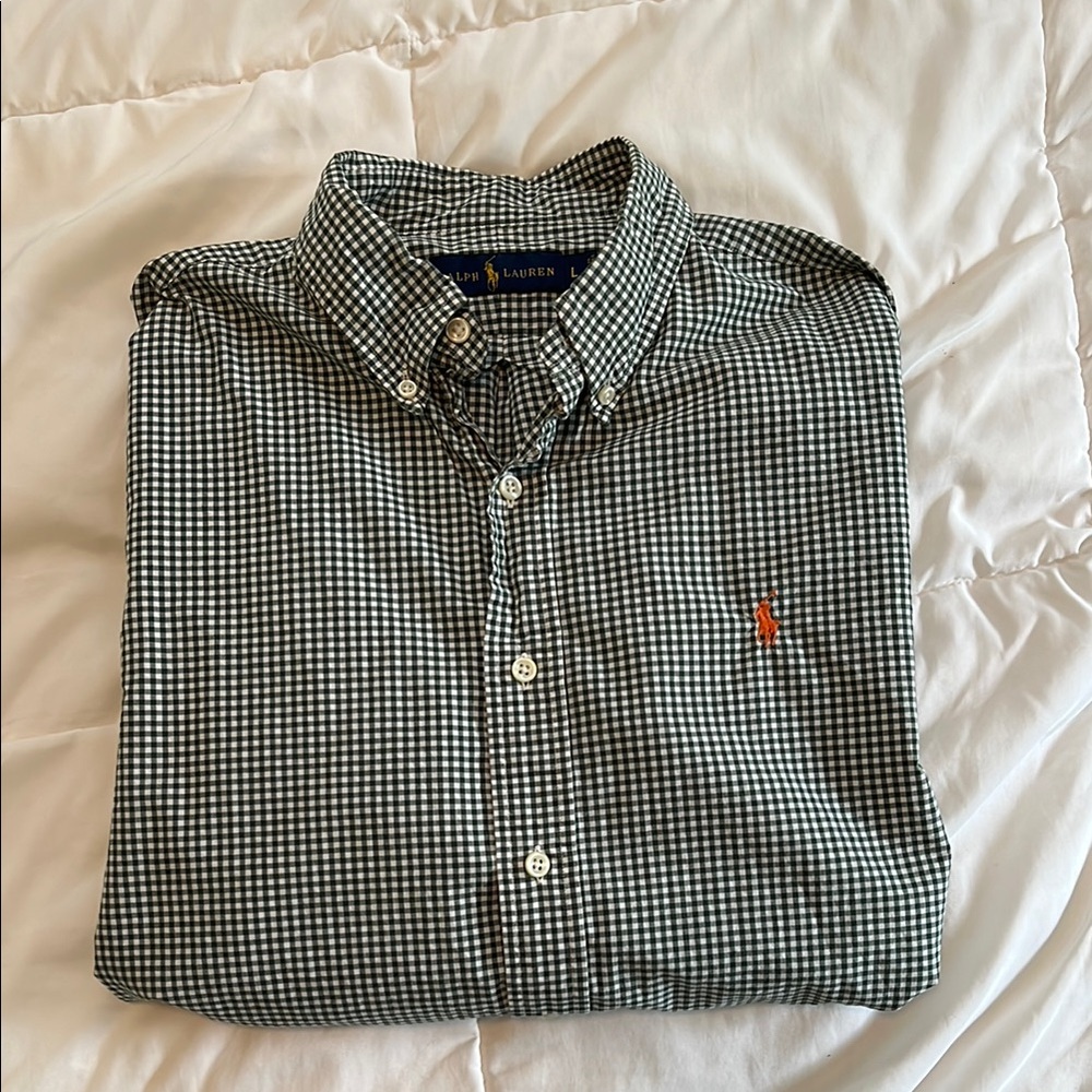Ralph Lauren Men’s Button Down Collared Dress Shirt, Green and White, Size Large